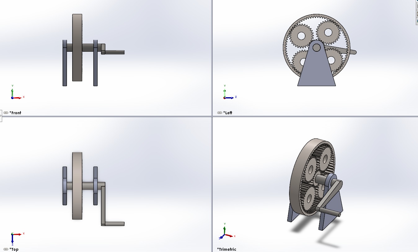 Four SolidWorks views of a planetary gear assembly